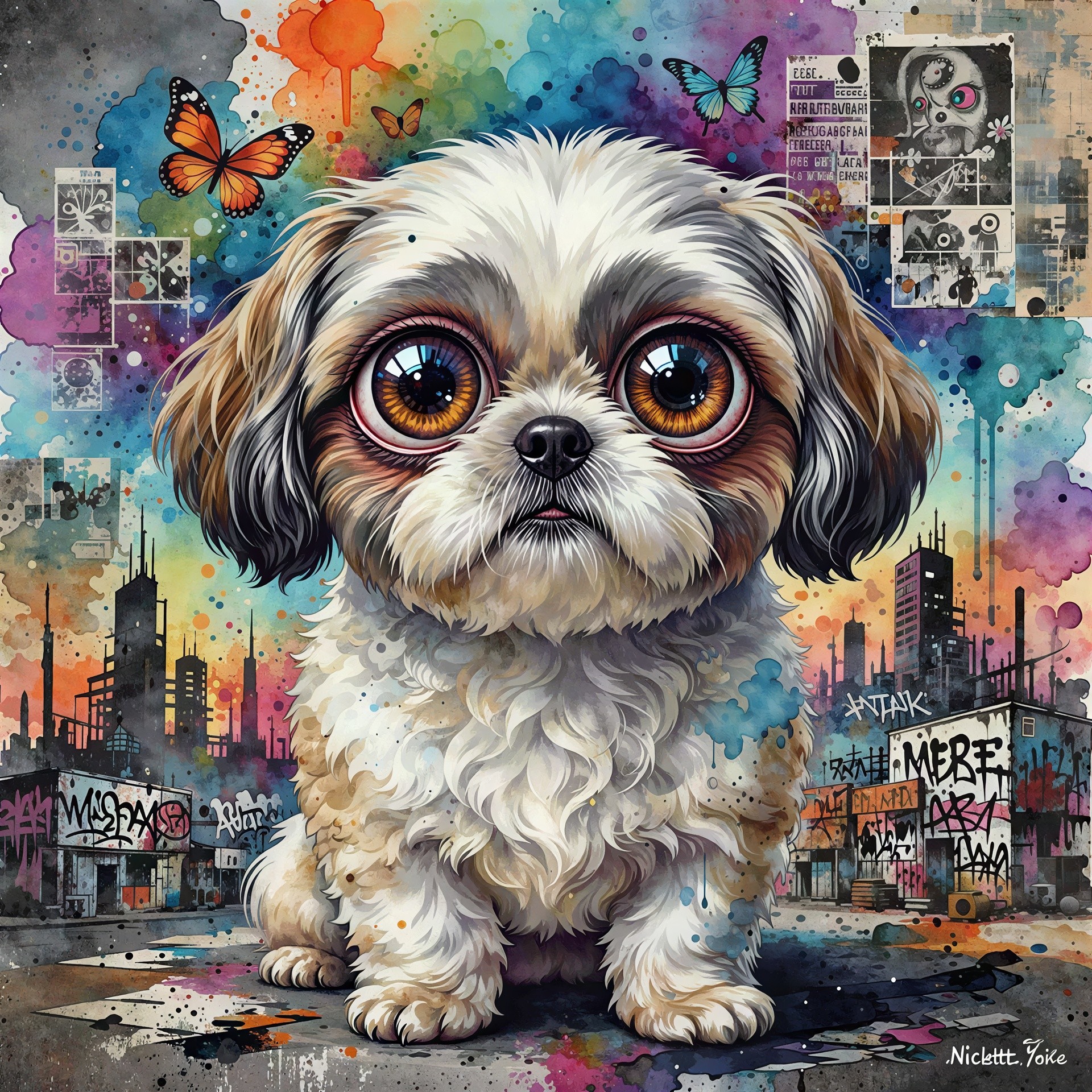 Watercolor Painting of Shih Tzu Puppy in Urban Scene