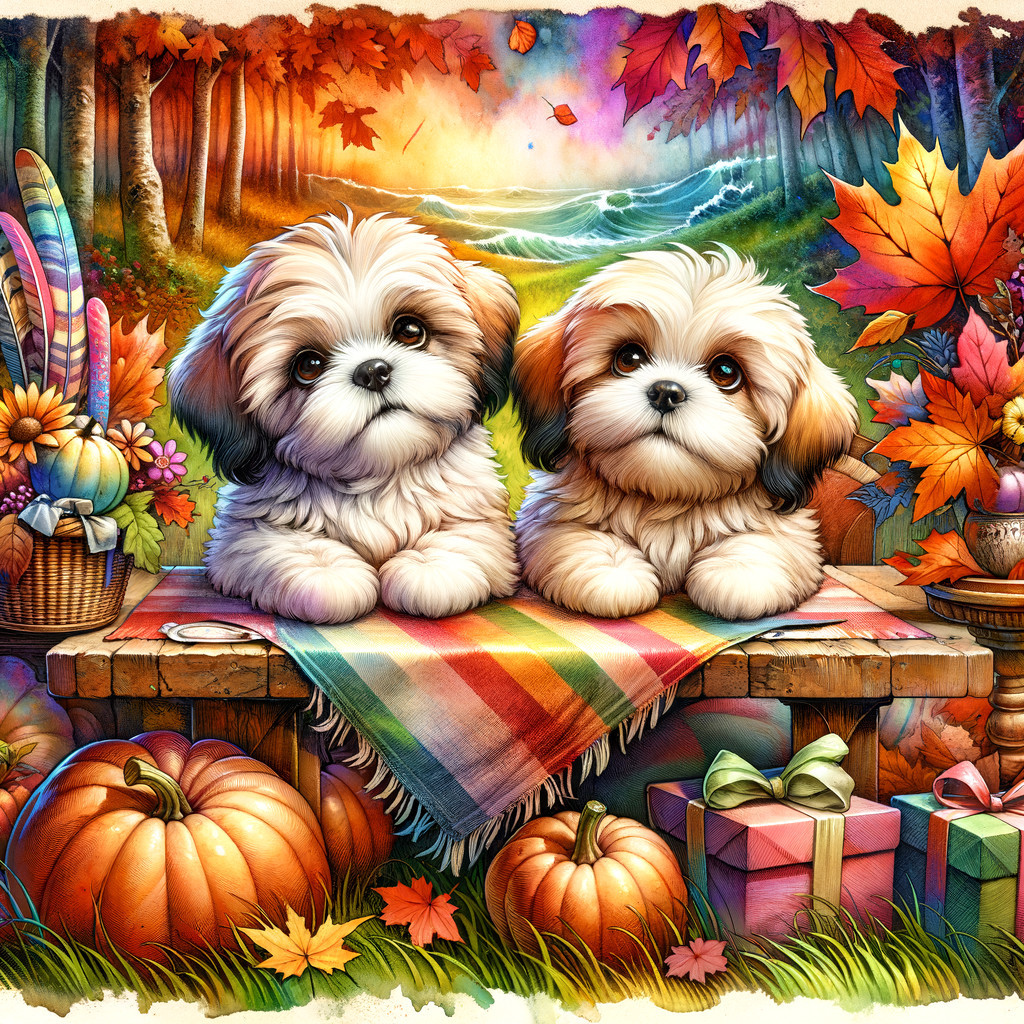 Autumn Scene with Shih Tzu Puppies and Decorations