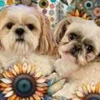 Shih Tzu Dogs Surrounded by Sunflowers and Patterns