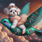 Fluffy Dog on Colorful Bird Under Dreamy Sky