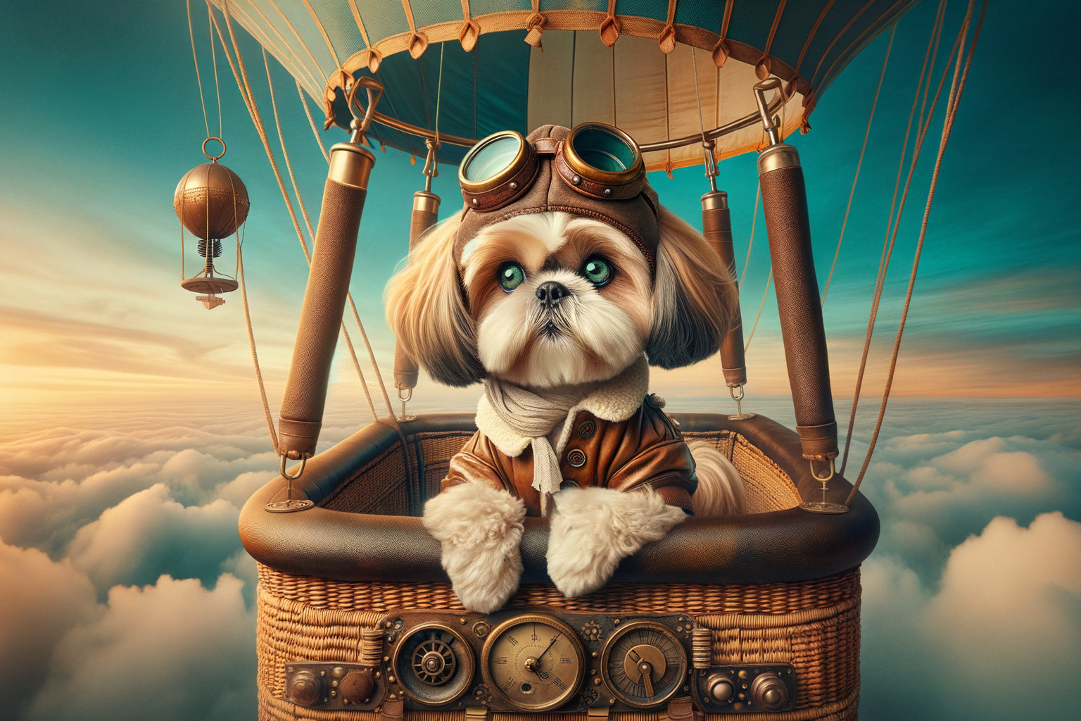 Dog in Aviator Gear in Hot Air Balloon at Sunset