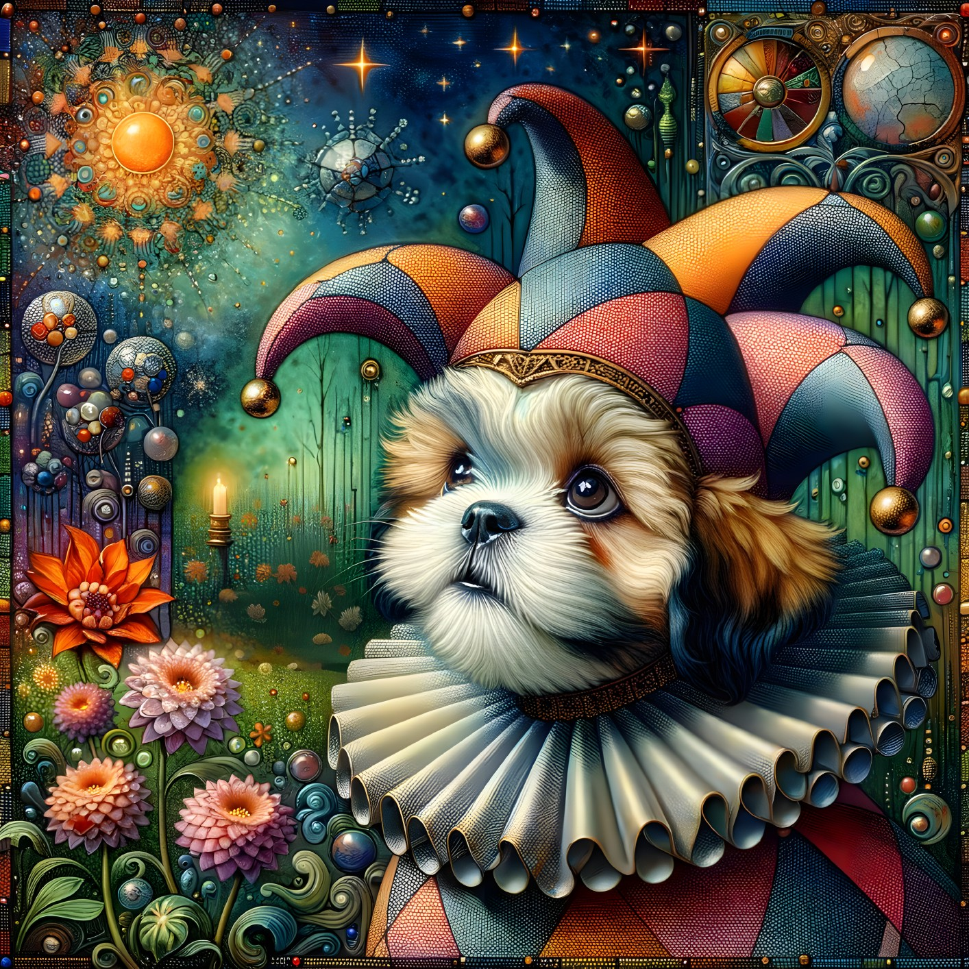 Whimsical Dog in Jester Outfit Against Cosmic Background