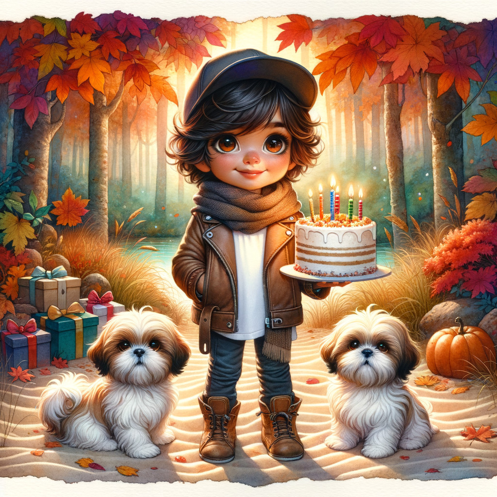 Child with Puppies in Autumn Forest Celebration Scene