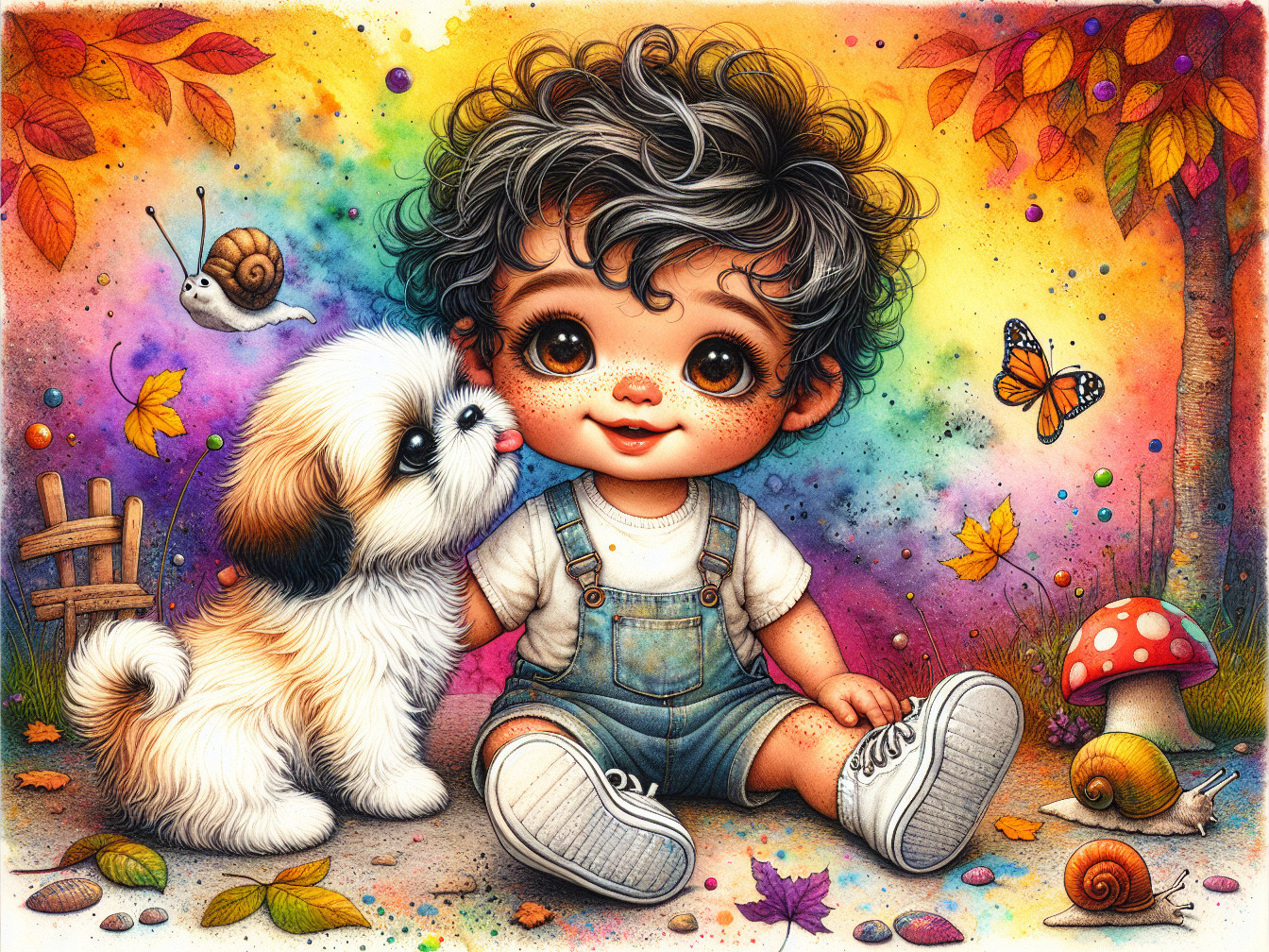Joyful Toddler with Puppy in Colorful Whimsical Scene