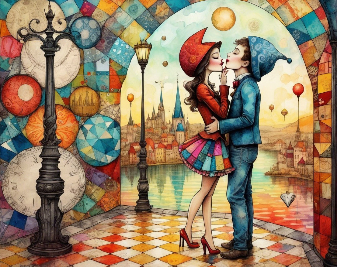 Couple Kissing Under Colorful Geometric Archway