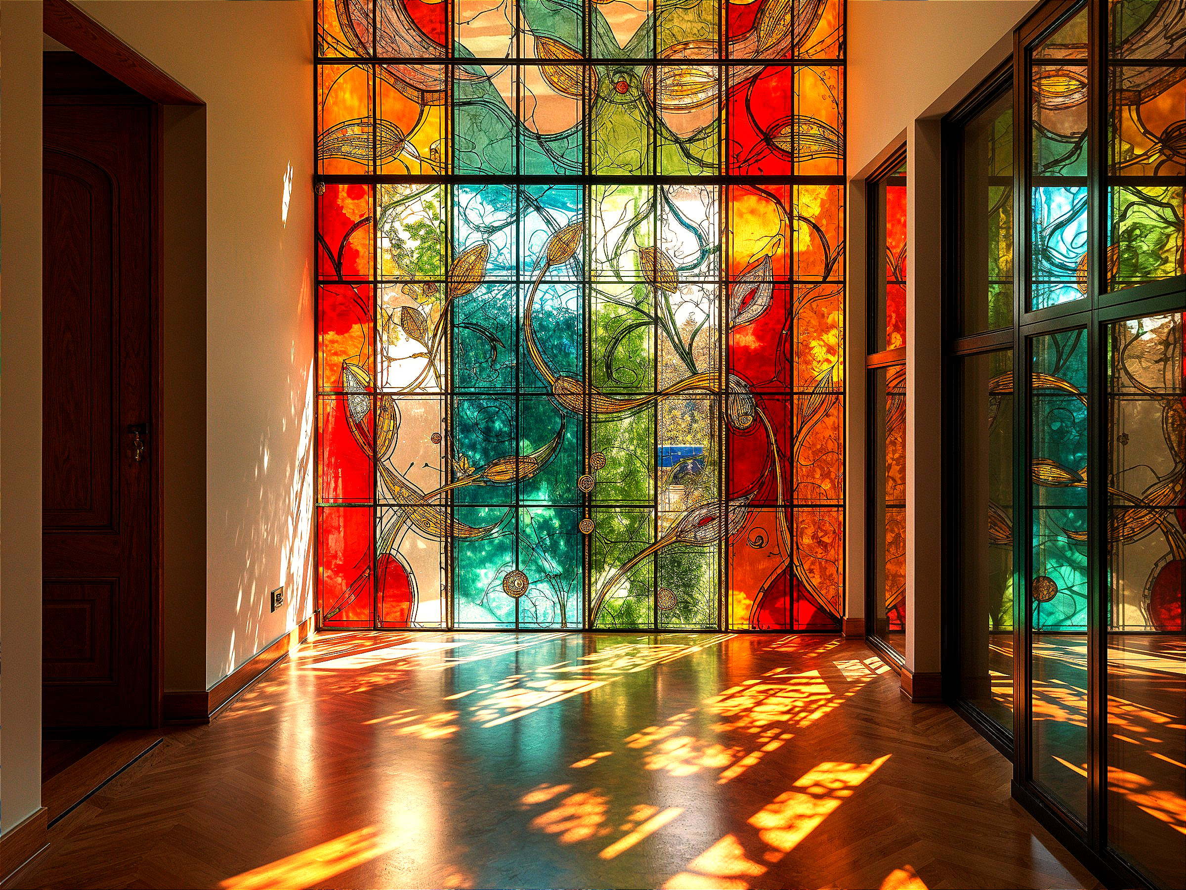 Brightly Lit Interior with Stained Glass Window Design