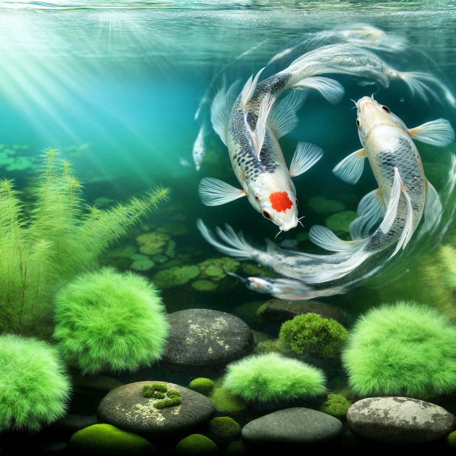 Underwater Scene of Koi Fish in Circular Formation