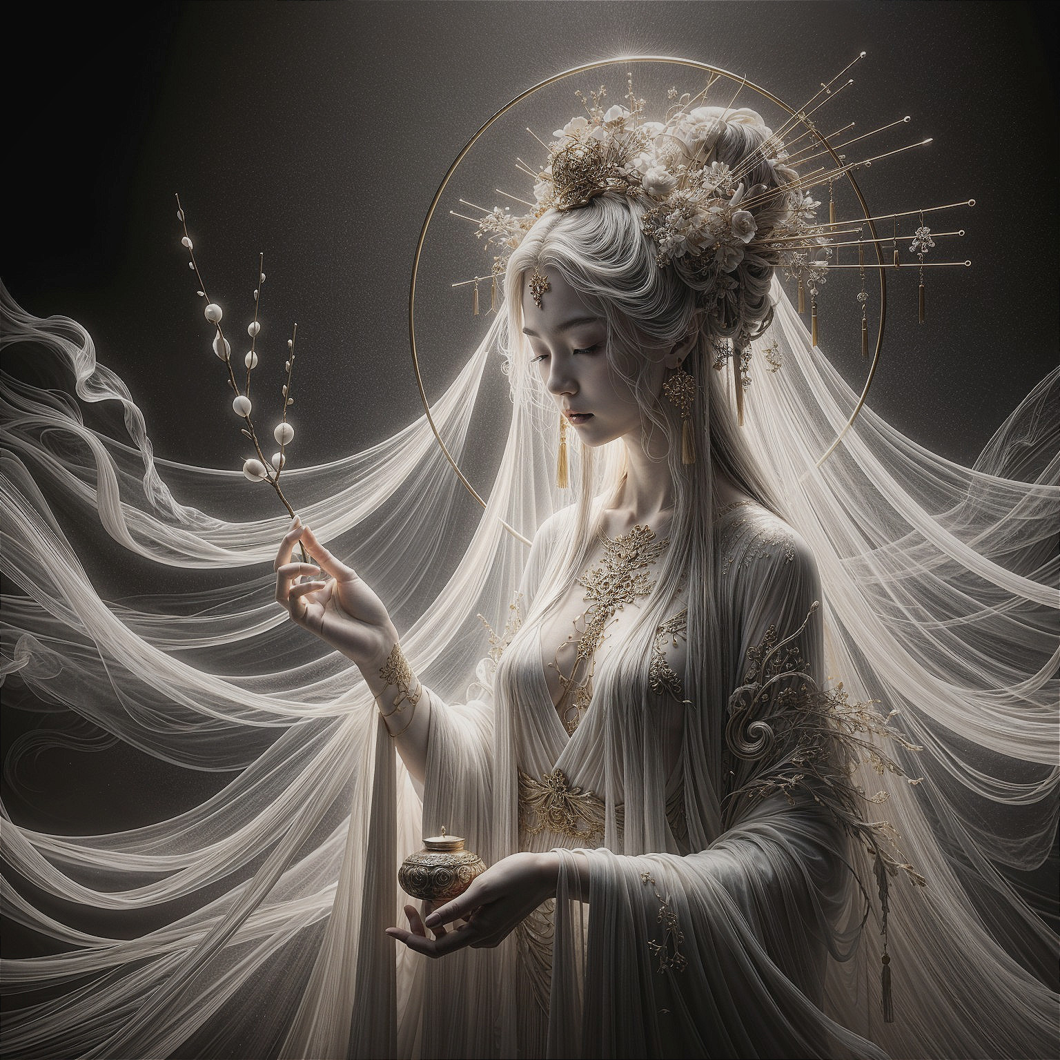 Ethereal figure with silvery hair and flowing gown