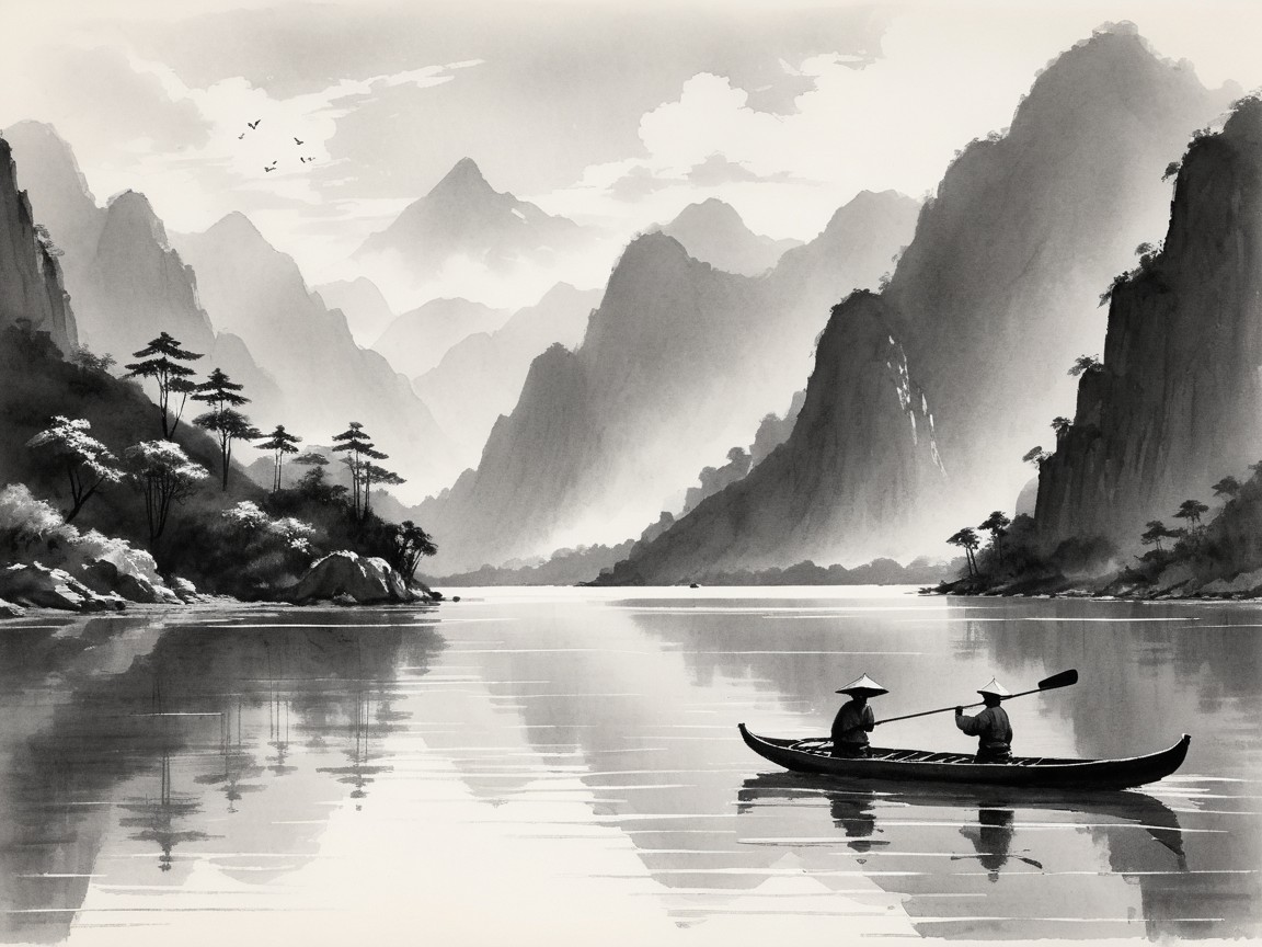Monochrome Chinese Ink Wash Landscape with Lake and Mountains
