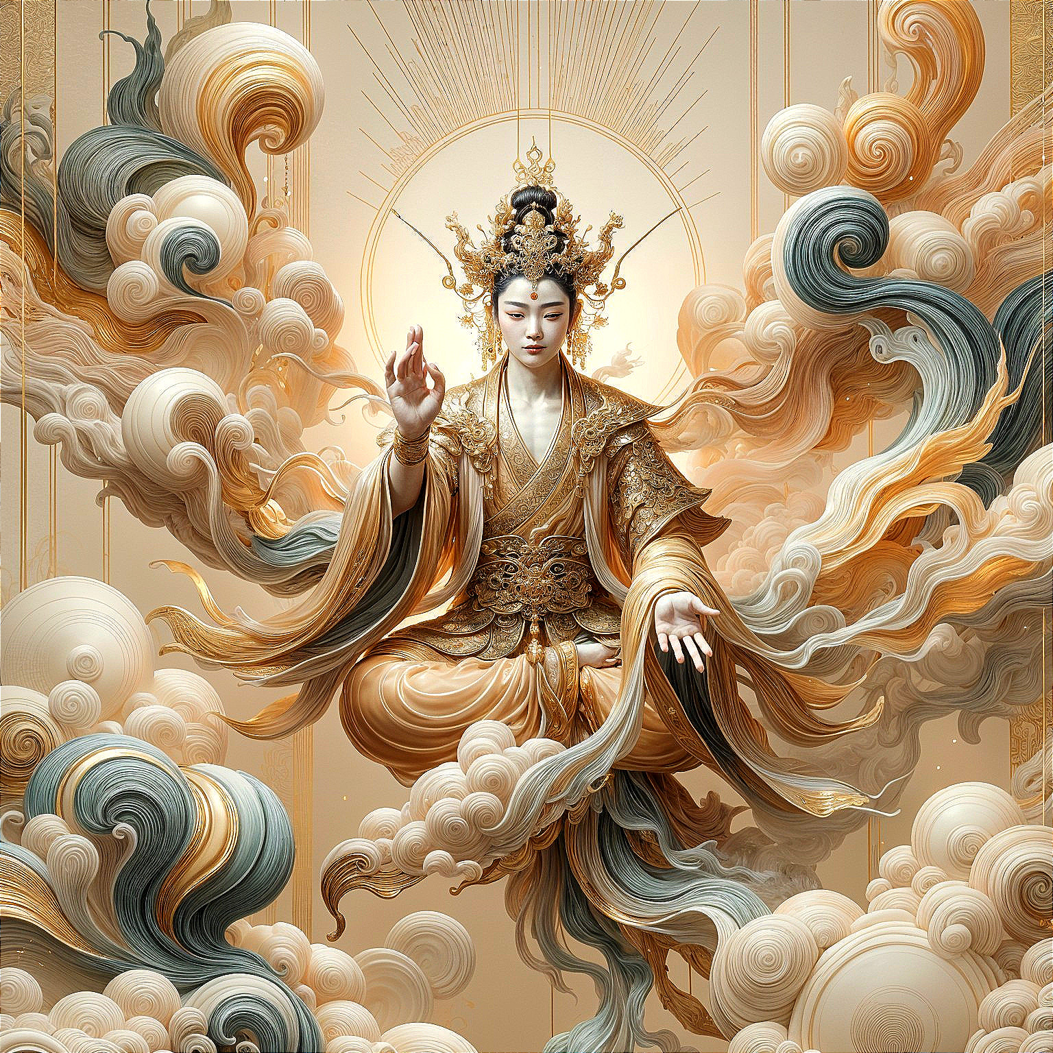 Majestic figure in golden robes among swirling clouds