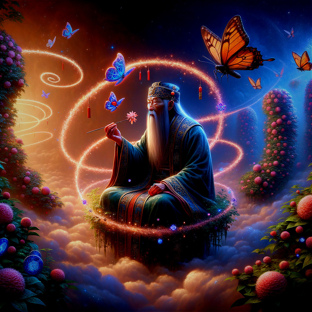 Elderly Figure in Ornate Robes in Mystical Landscape