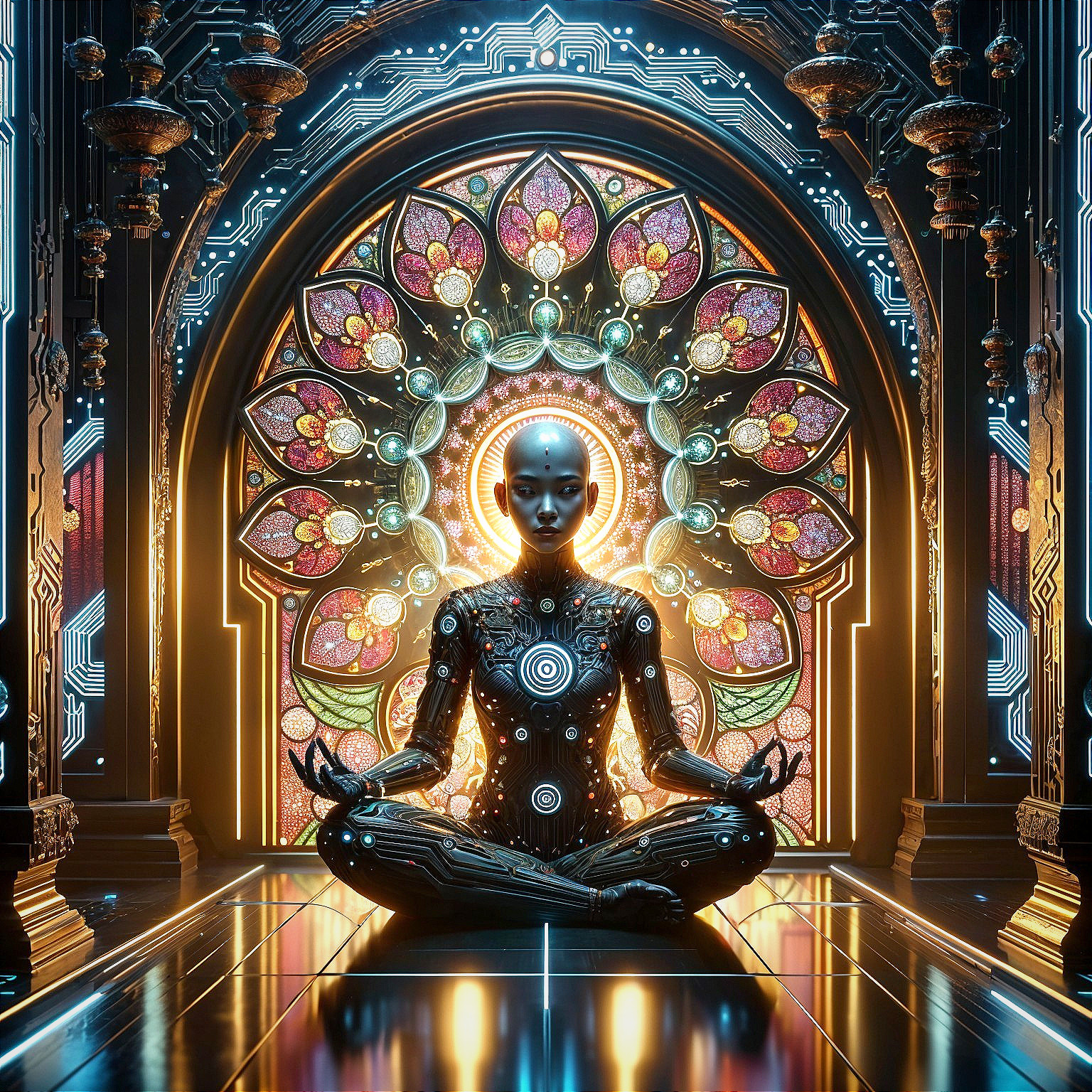 Futuristic Robot in Meditative Pose with Stained Glass