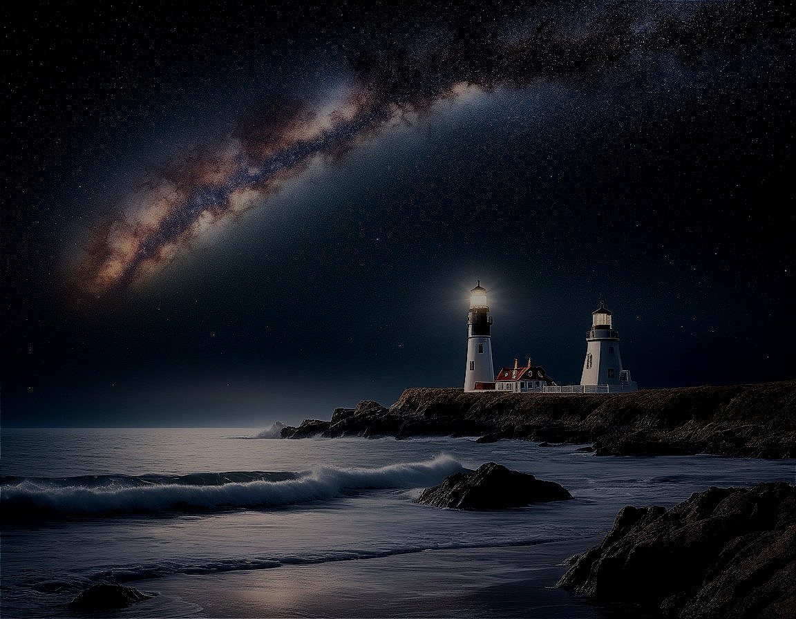 Lighthouse on Cliffs Under Starry Night Sky