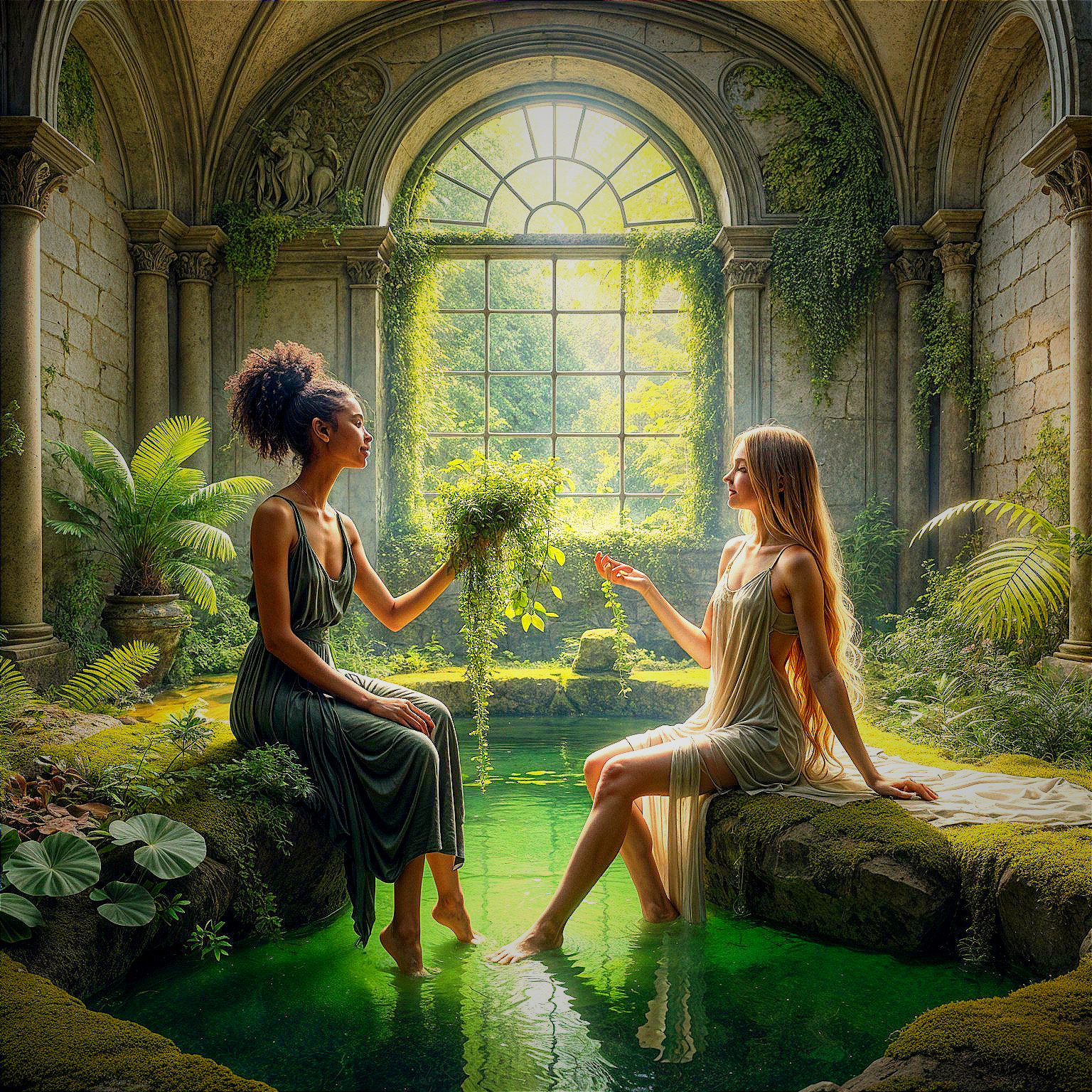 Women by Tranquil Pool in Lush Natural Setting