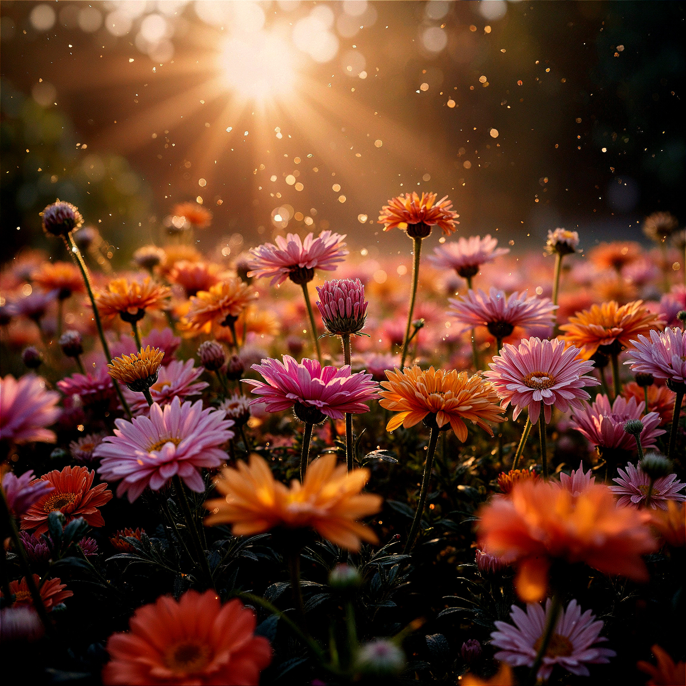 Vibrant Field of Blooming Flowers Under Golden Sunlight