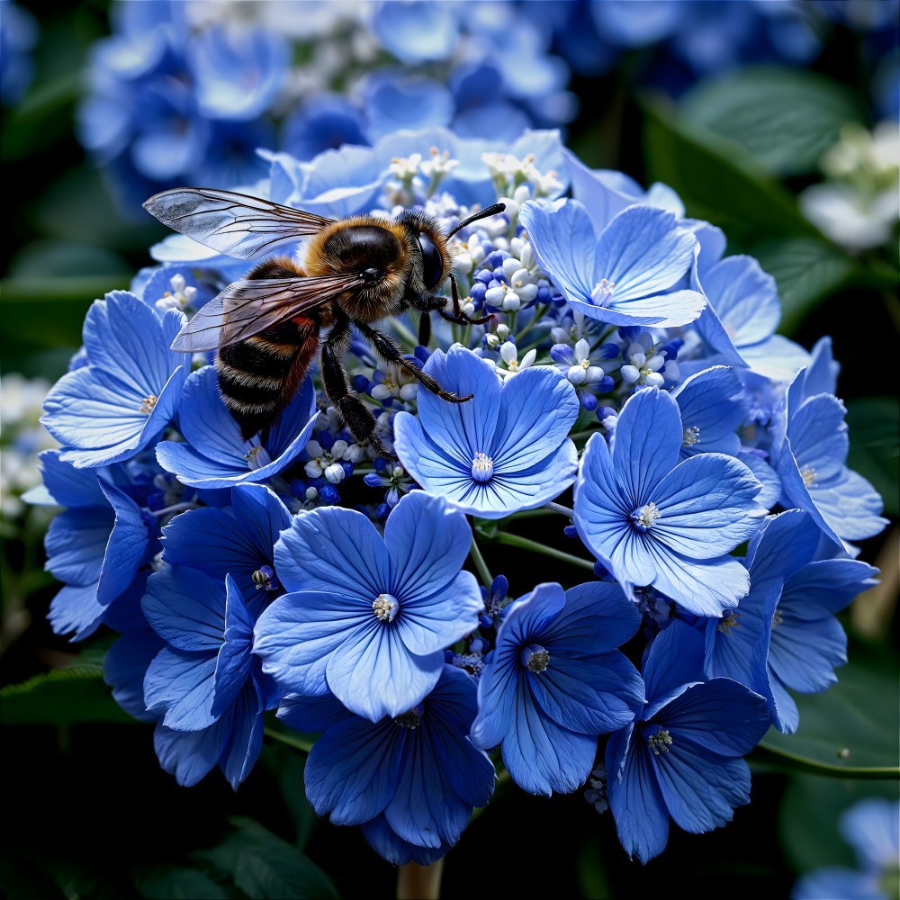 Bee Among Vibrant Blue Hydrangea Flowers in Garden