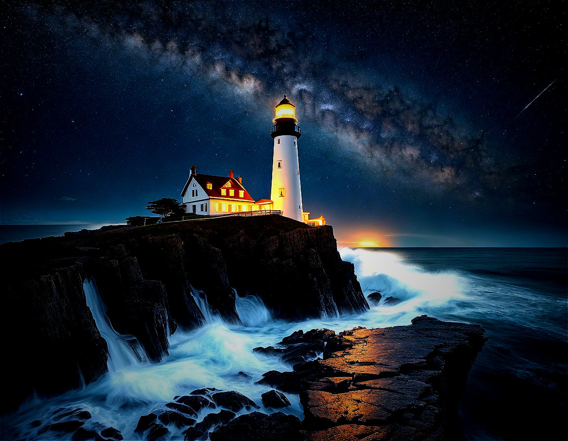 Lighthouse on Cliff Under Starry Night Sky