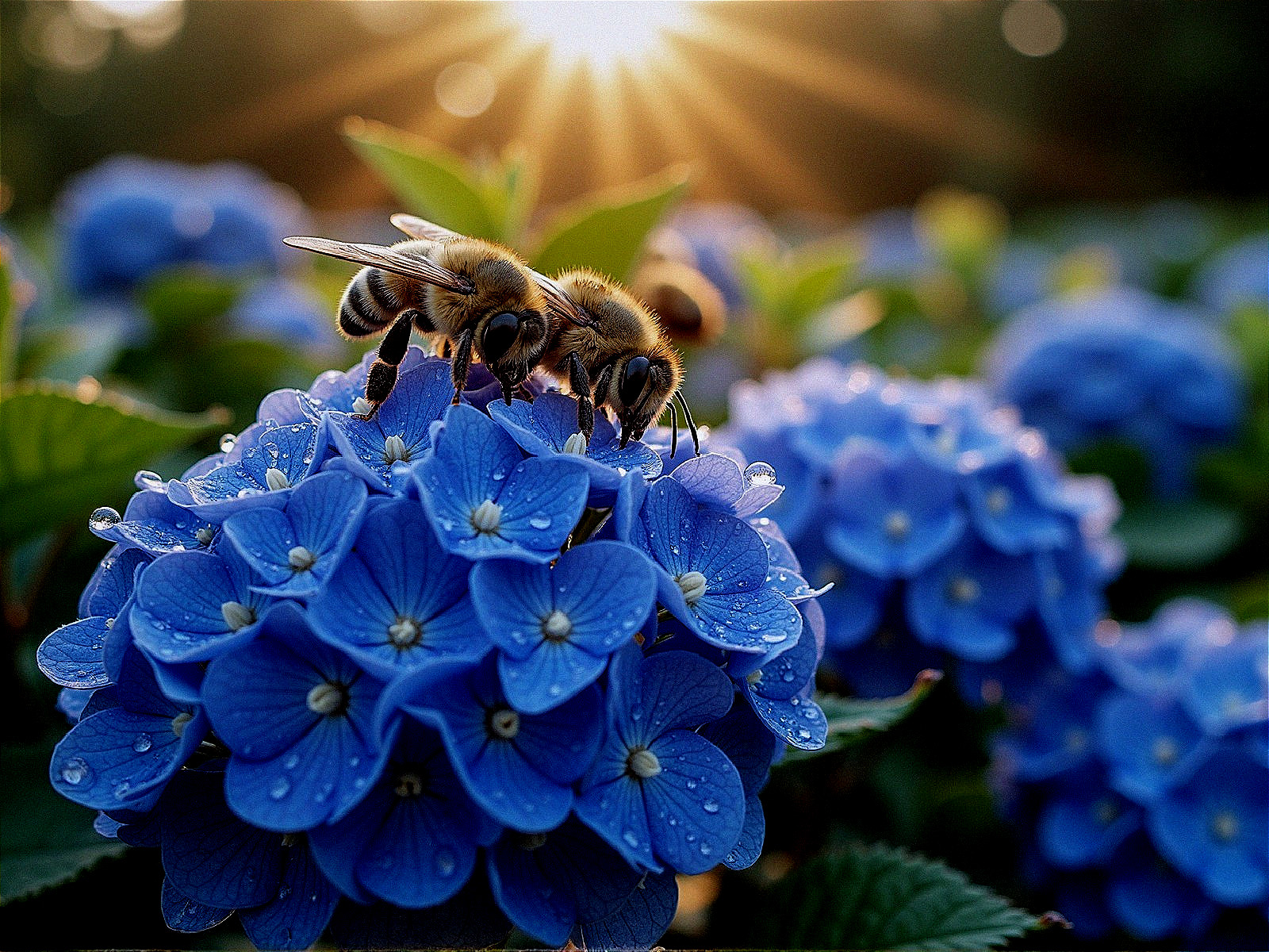 Bees Pollinating Blue Hydrangeas in Golden Sunlight