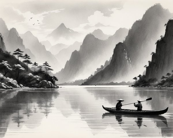 Monochrome Chinese Ink Wash Landscape with Lake and Mountains