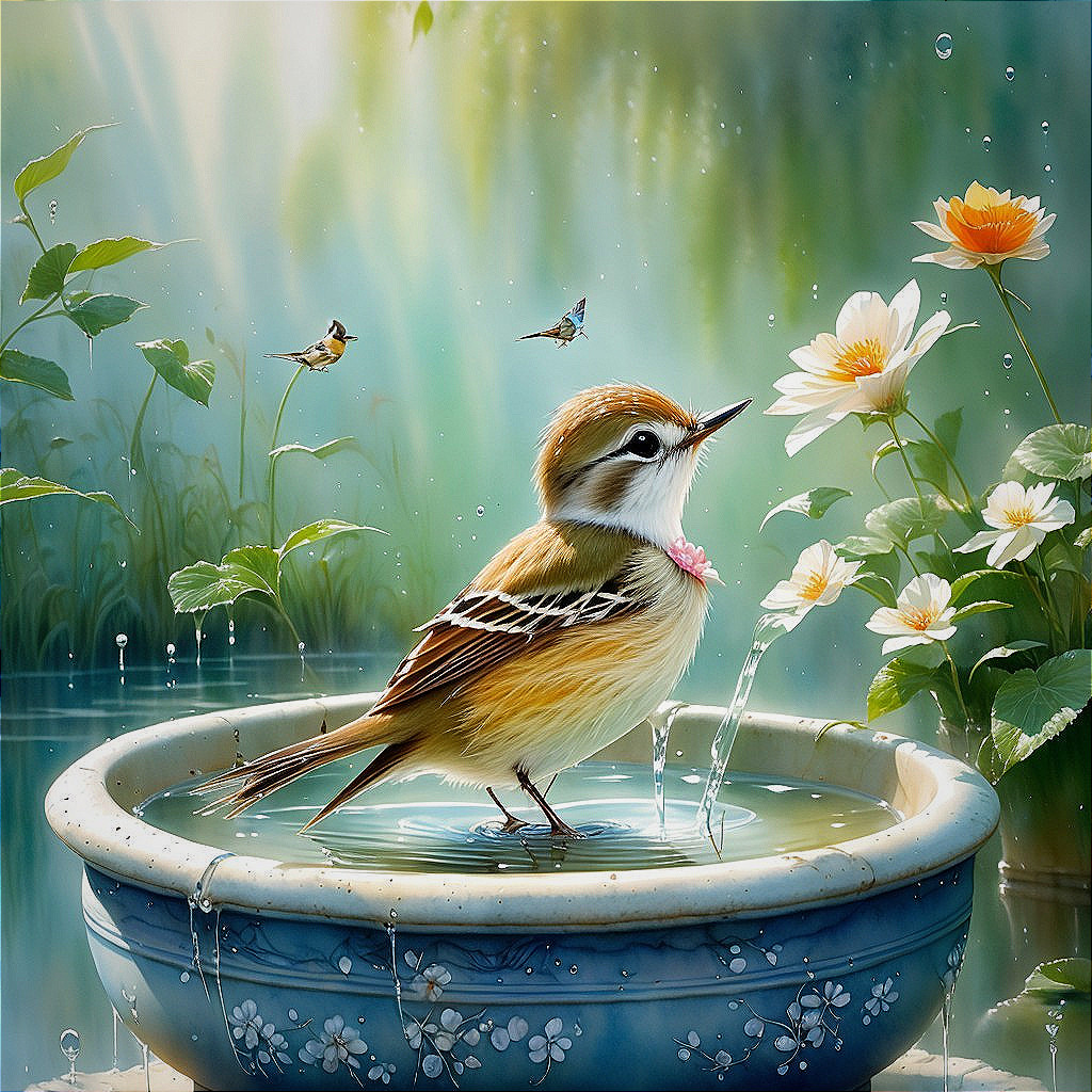 Small Bird on Decorative Bowl Surrounded by Flowers