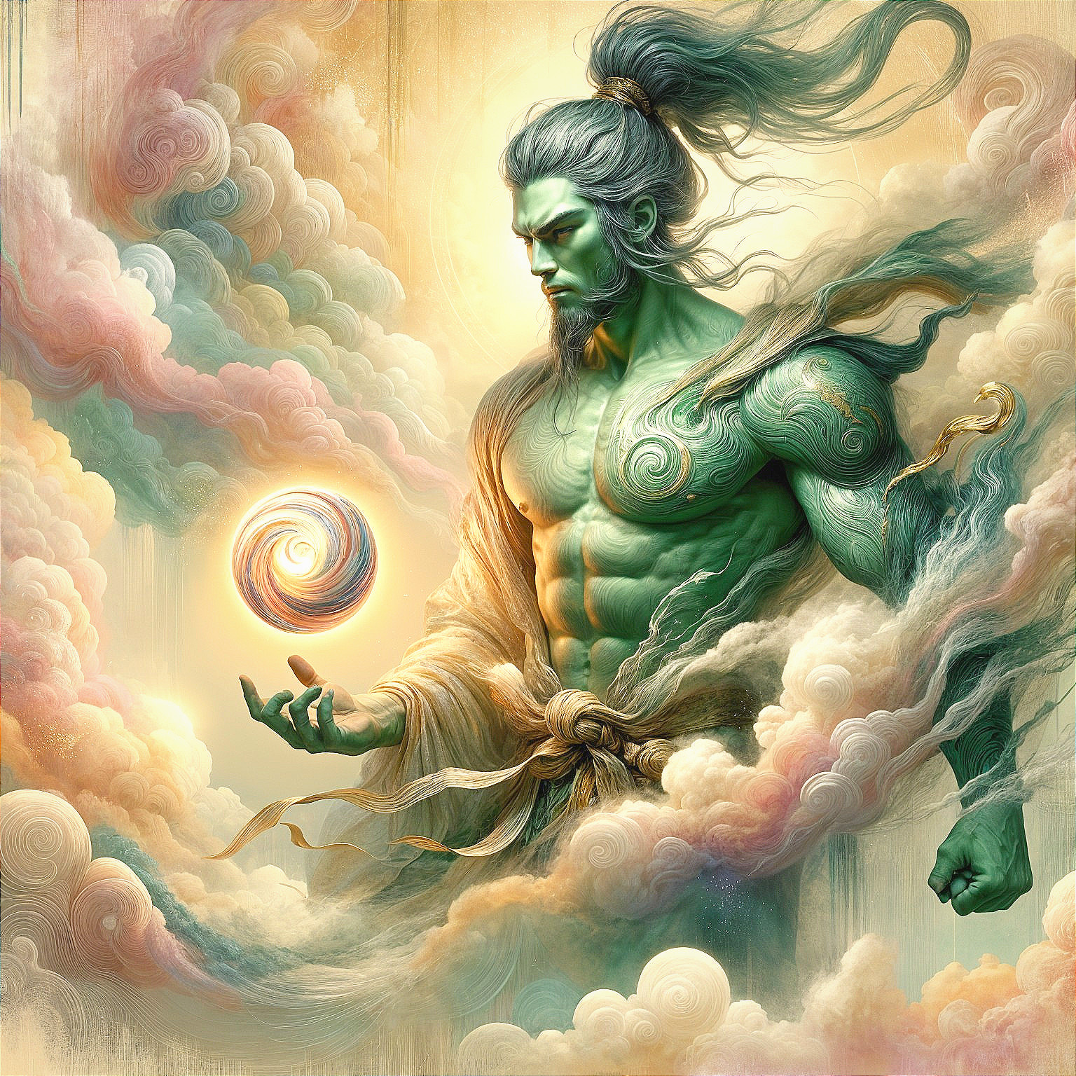 Green-Skinned Deity Surrounded by Cosmic Energy