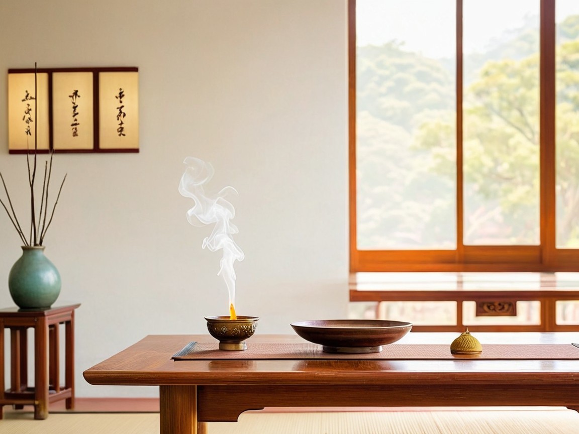 Tranquil Indoor Scene with Wooden Table and Incense