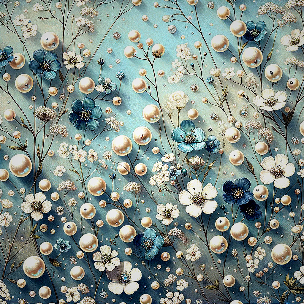 Intricate Floral Pattern with Pearls on Blue Background