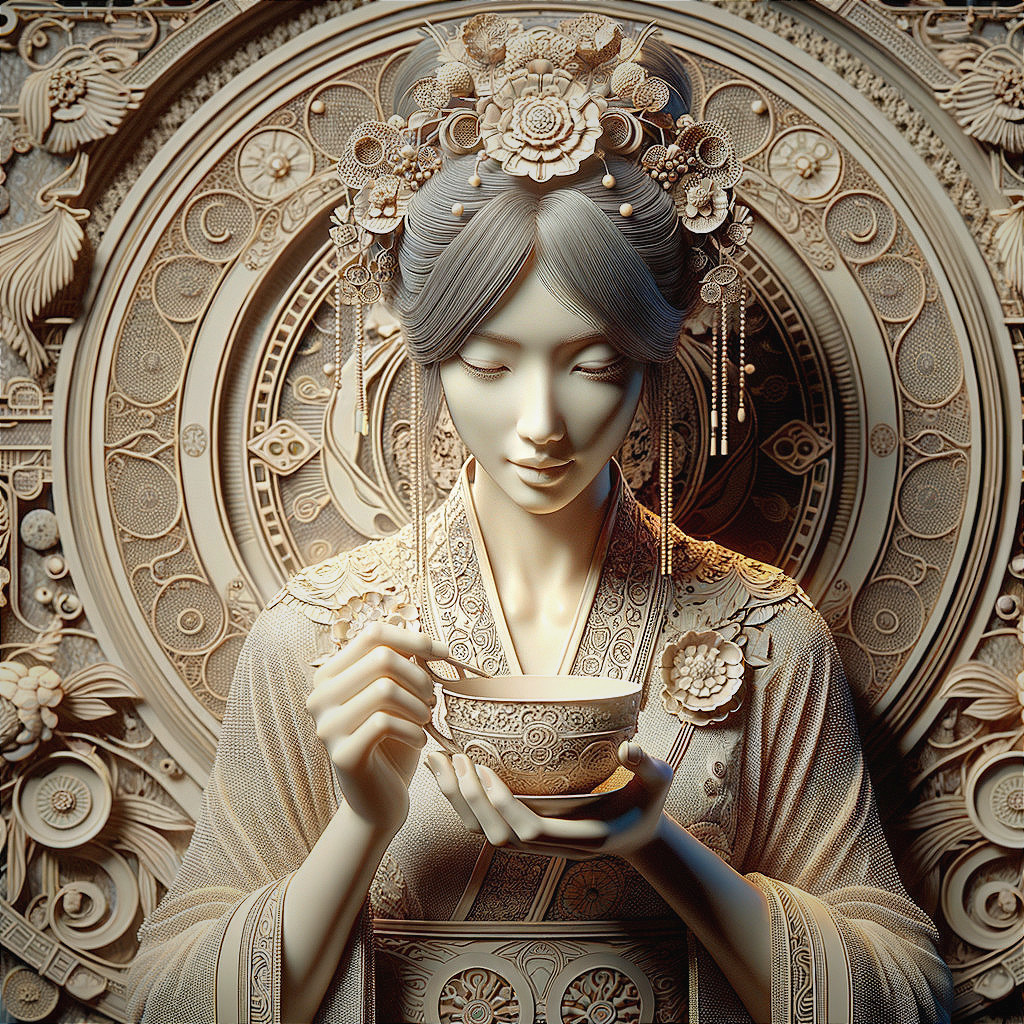 Serene Woman in Traditional Attire with Decorative Bowl