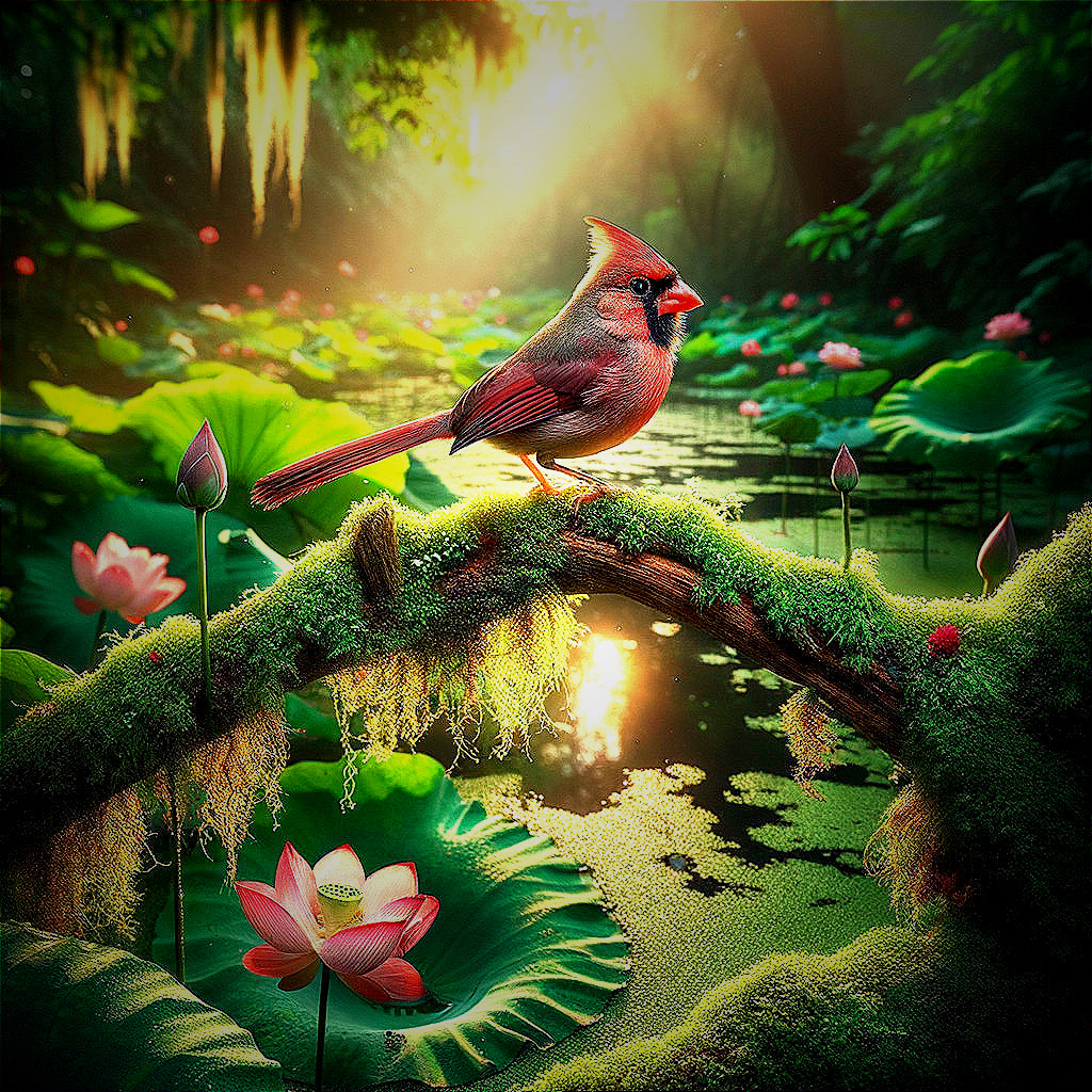 Cardinal on Mossy Branch Above Lotus Pond Scene