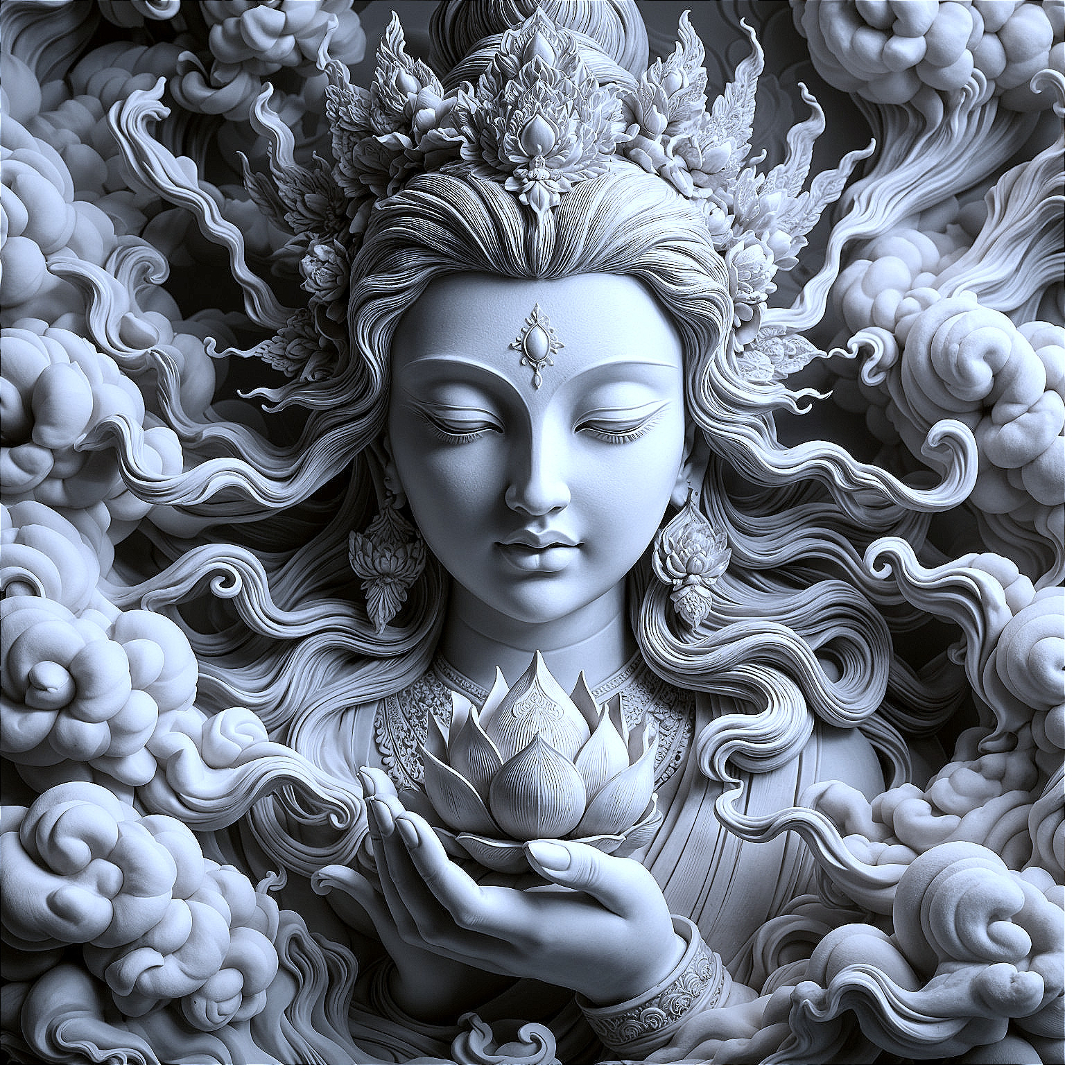 Intricately Carved Serene Goddess Figure with Lotus