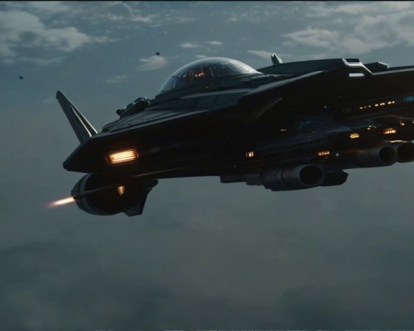Futuristic spacecraft with fighter jets in cloudy sky
