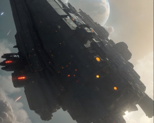 Massive spaceship in celestial landscape with planets