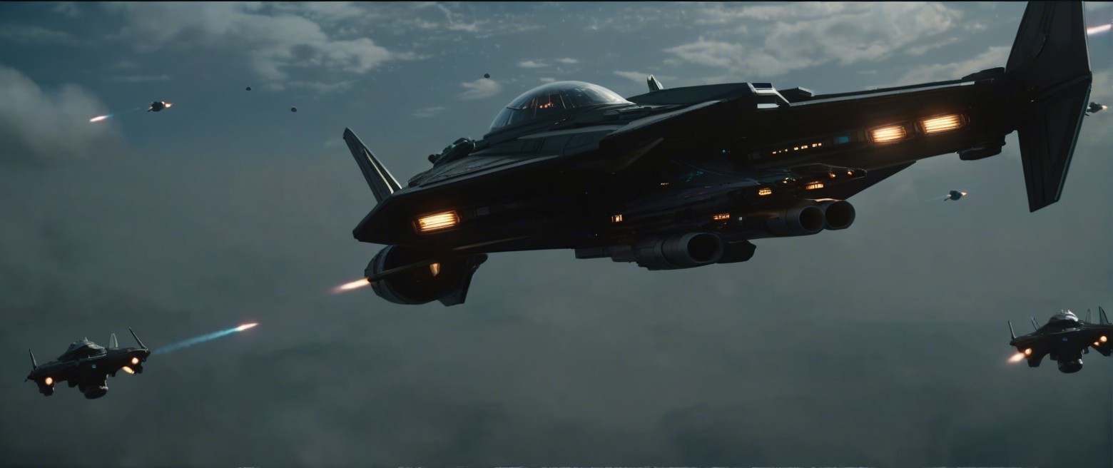 Futuristic spacecraft with fighter jets in cloudy sky