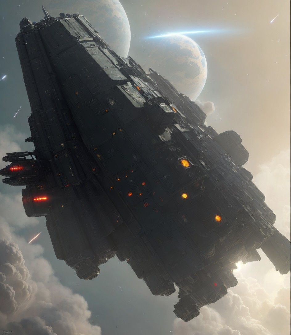 Massive spaceship in celestial landscape with planets
