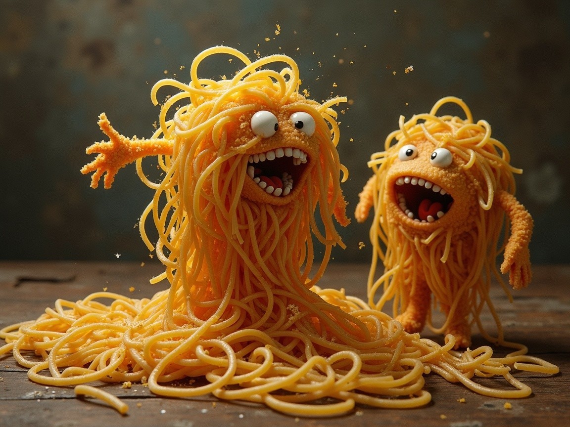 Cartoonish Spaghetti Characters in Whimsical Scene