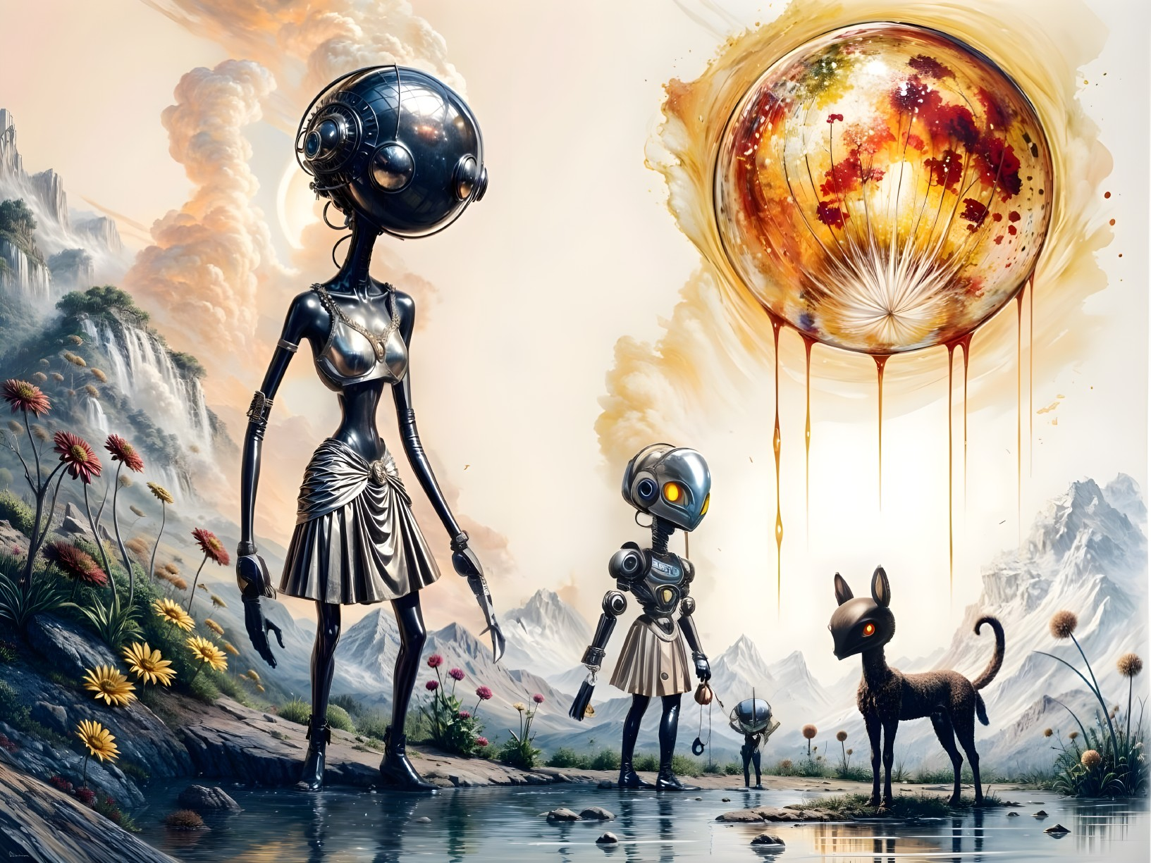 Humanoid Robots in Surreal Landscape by Water
