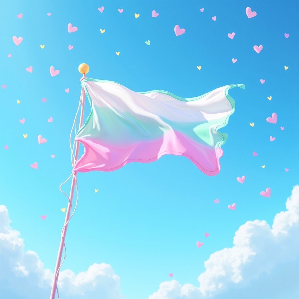 Waving Flag with Stripes and Floating Hearts in Sky