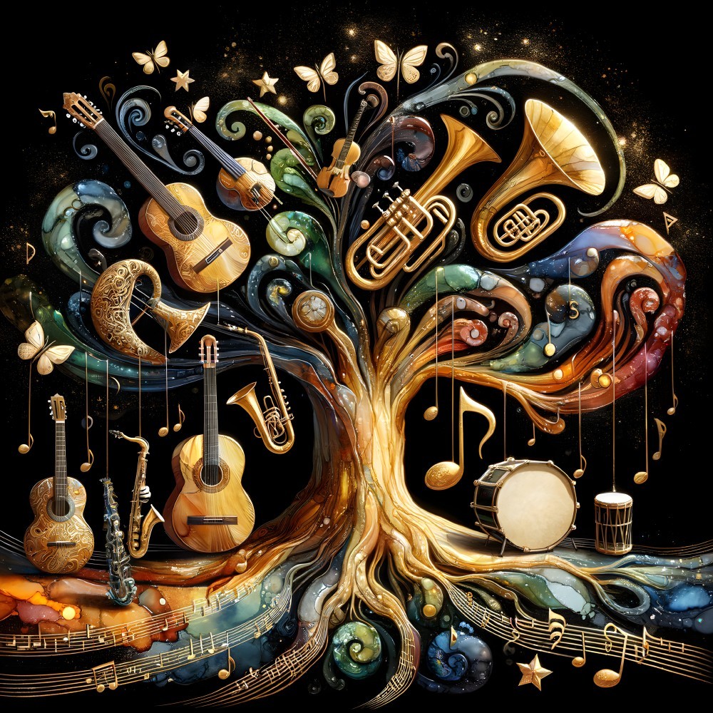 Vibrant Tree Adorned with Musical Instruments and Notes