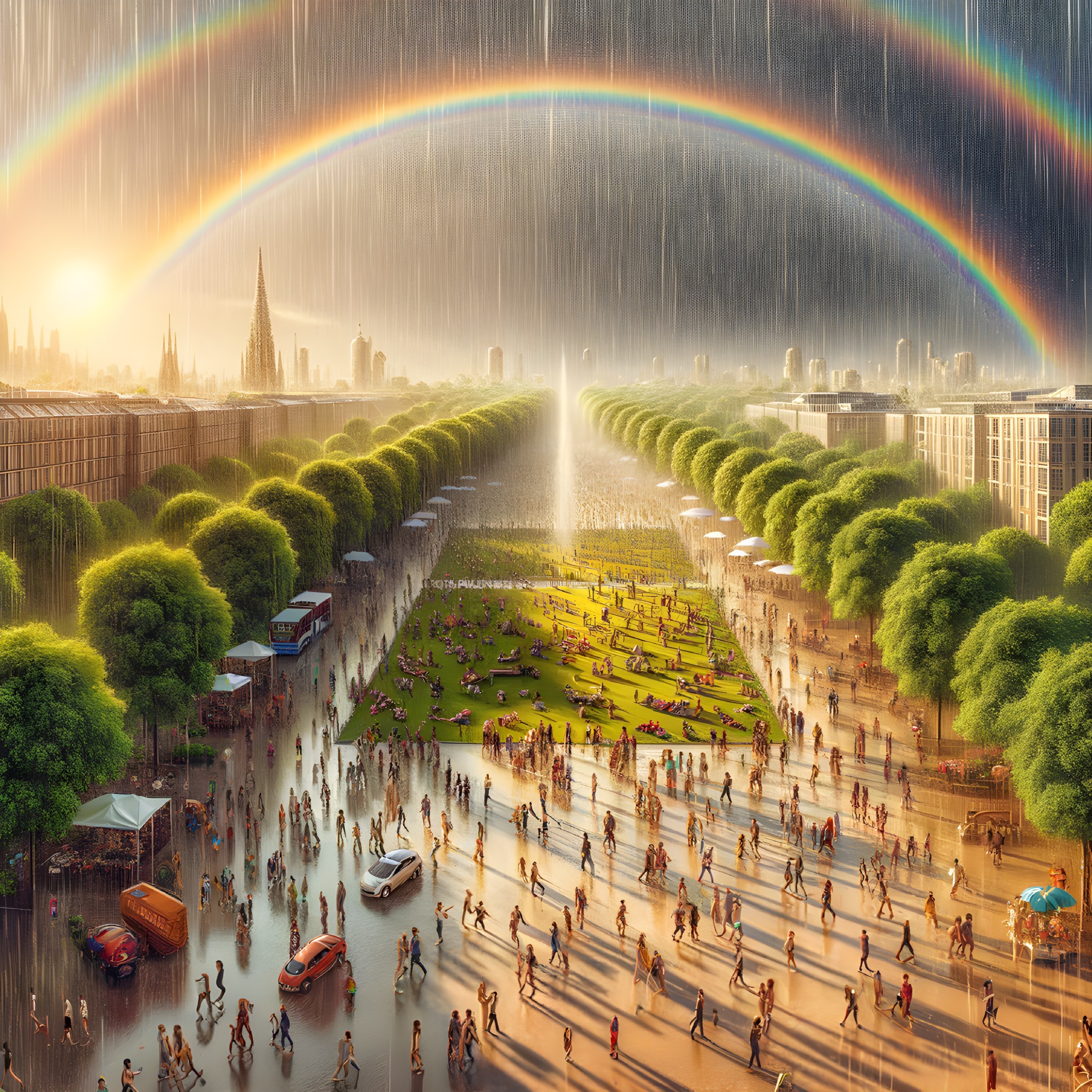 Vibrant City Park Scene with Rain and Double Rainbow