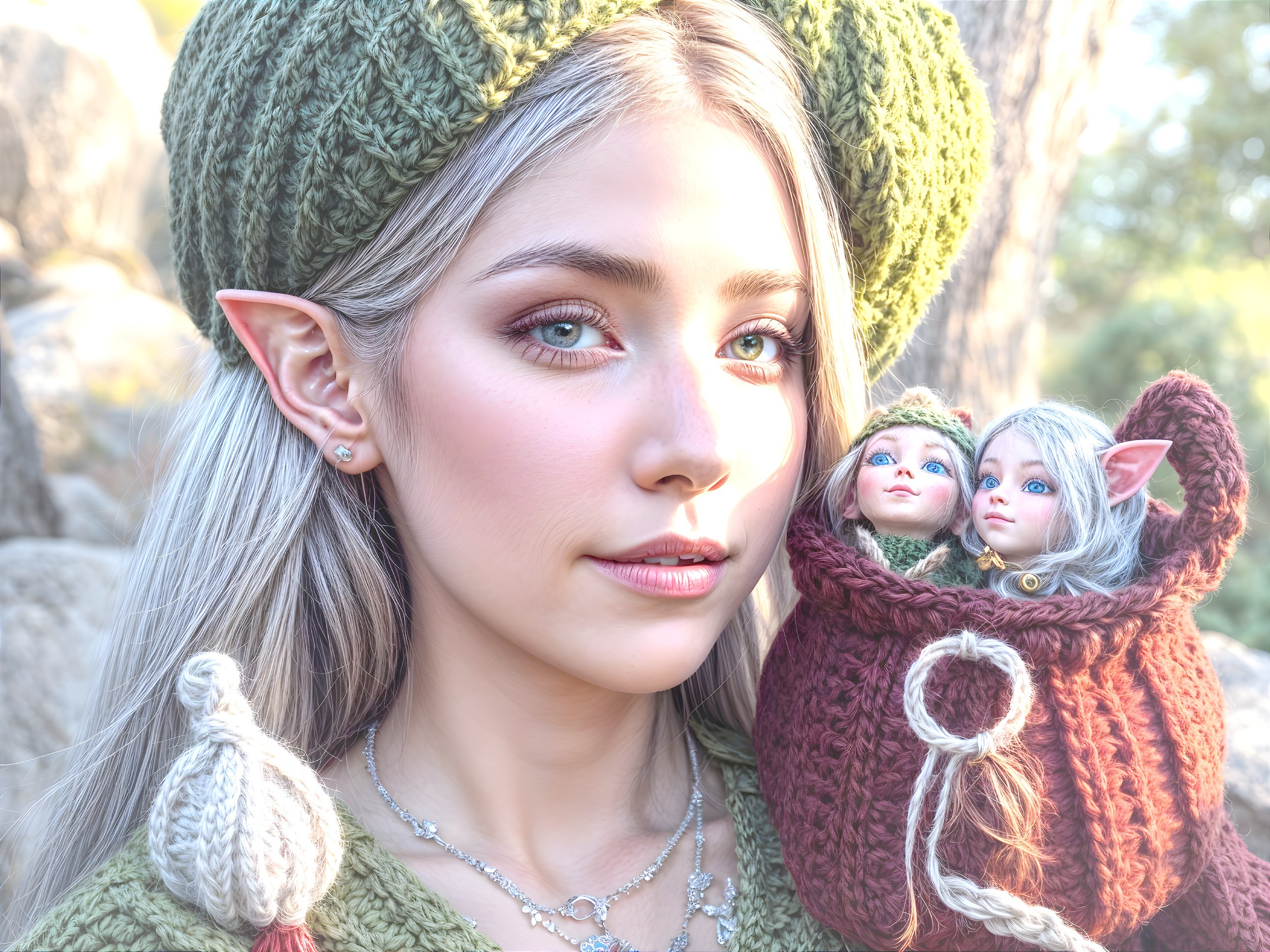 Young woman with silver hair in a fairytale setting
