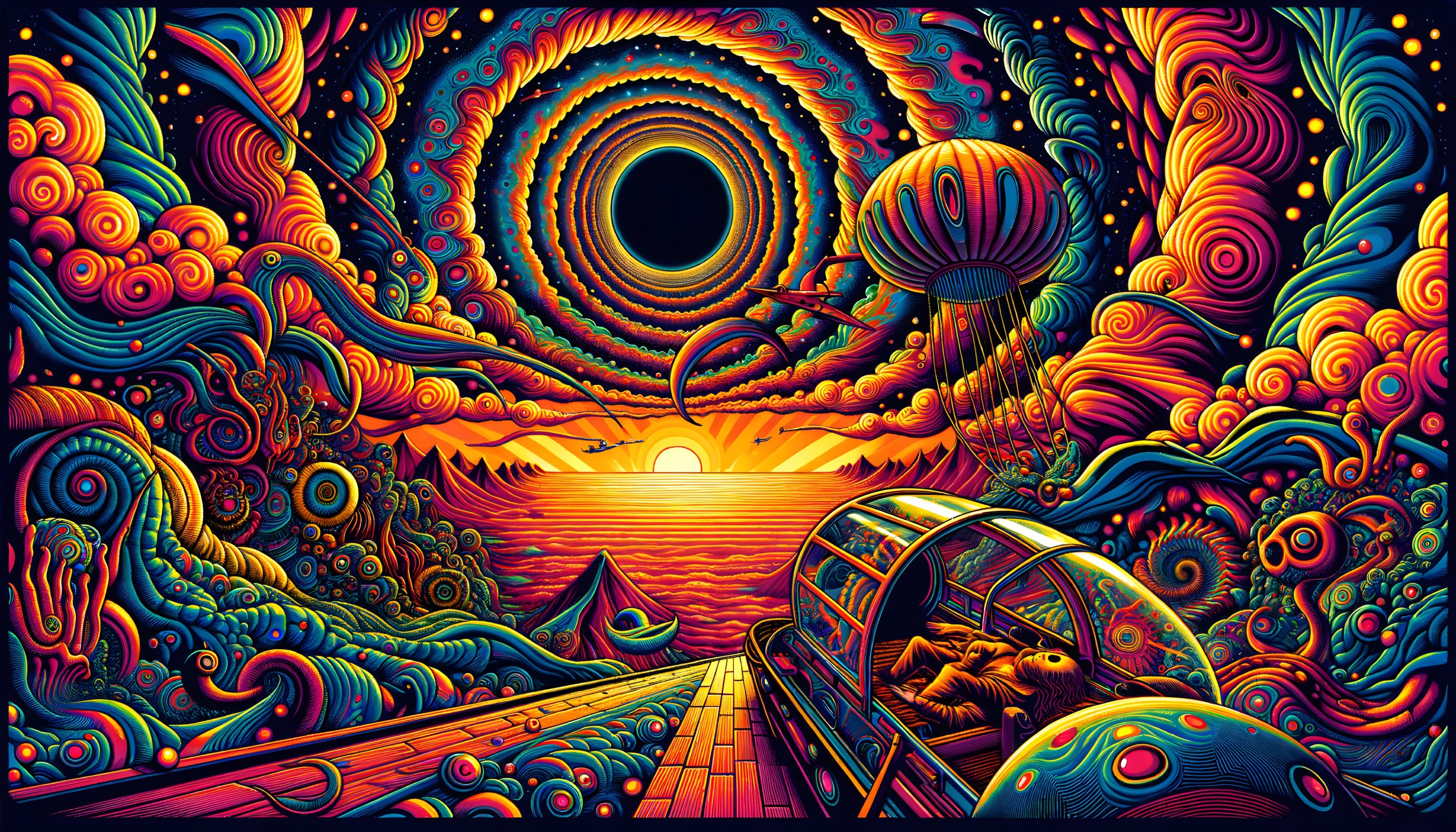Surreal Landscape with Bold Colors and Black Hole