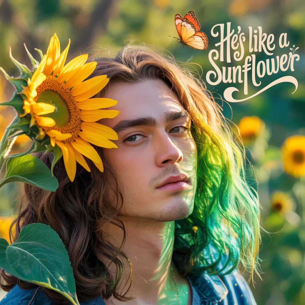 Young man in sunflower field with butterfly nearby