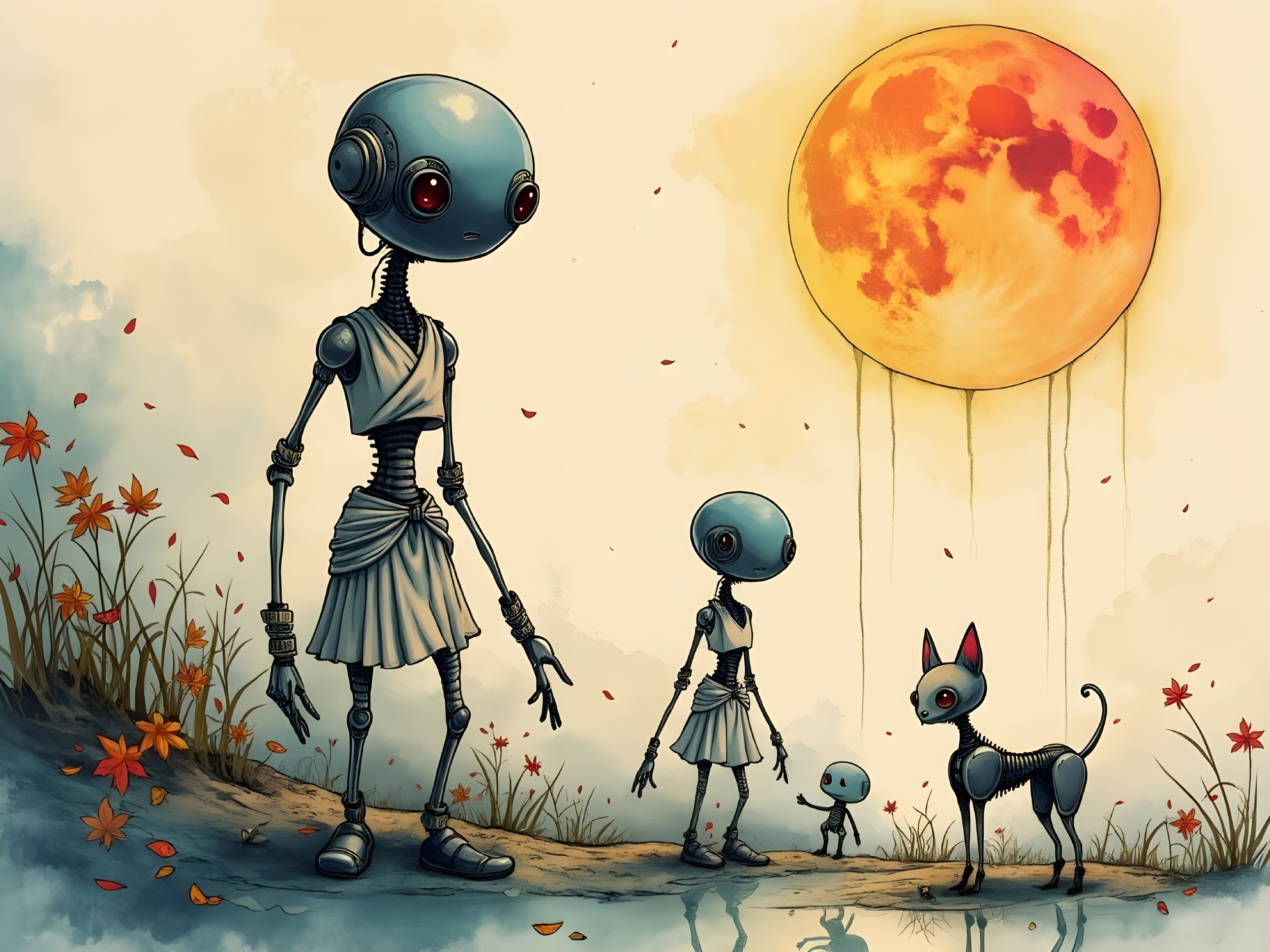 Robots and Dog in Whimsical Autumn Landscape