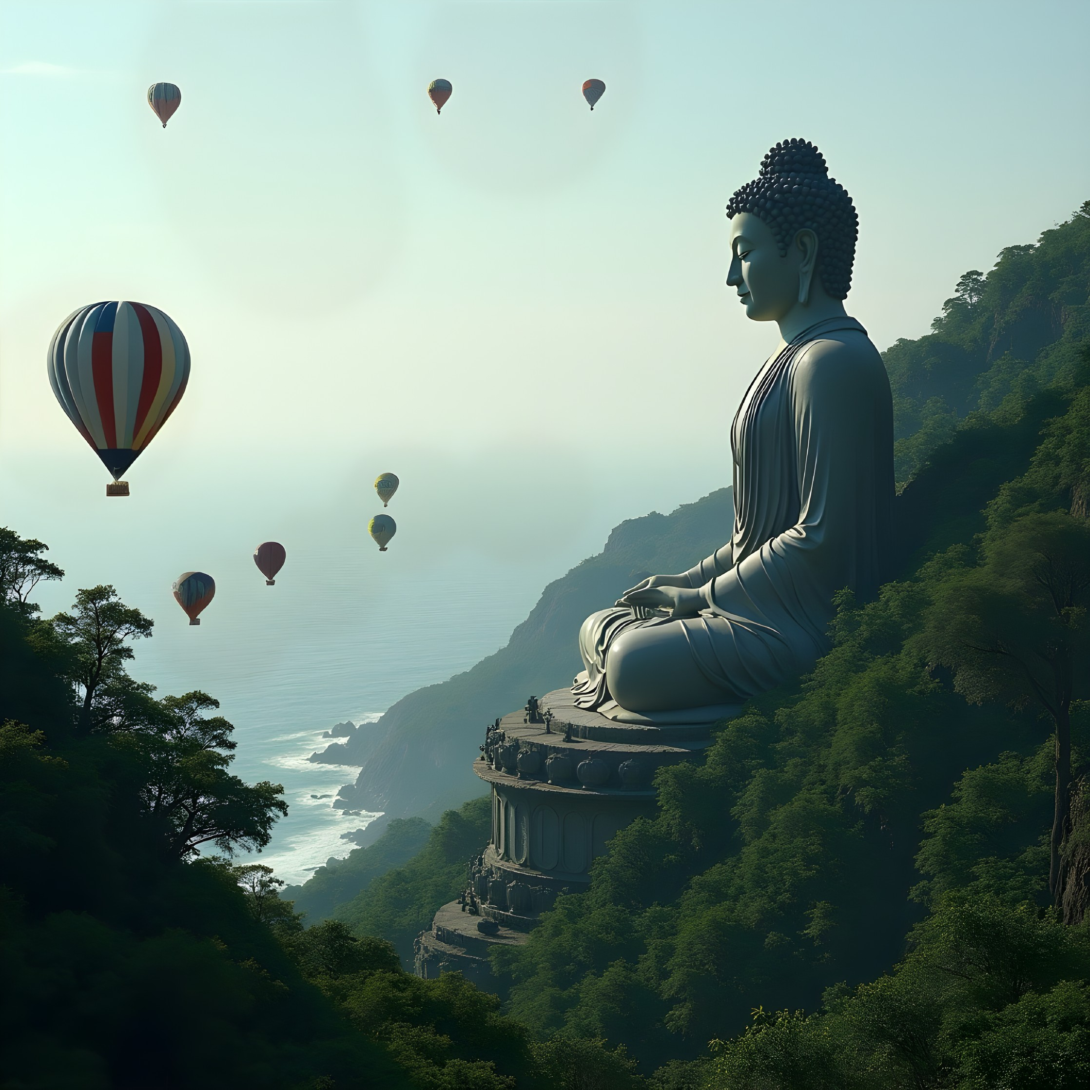 Buddha Statue Overlooking Ocean with Hot Air Balloons