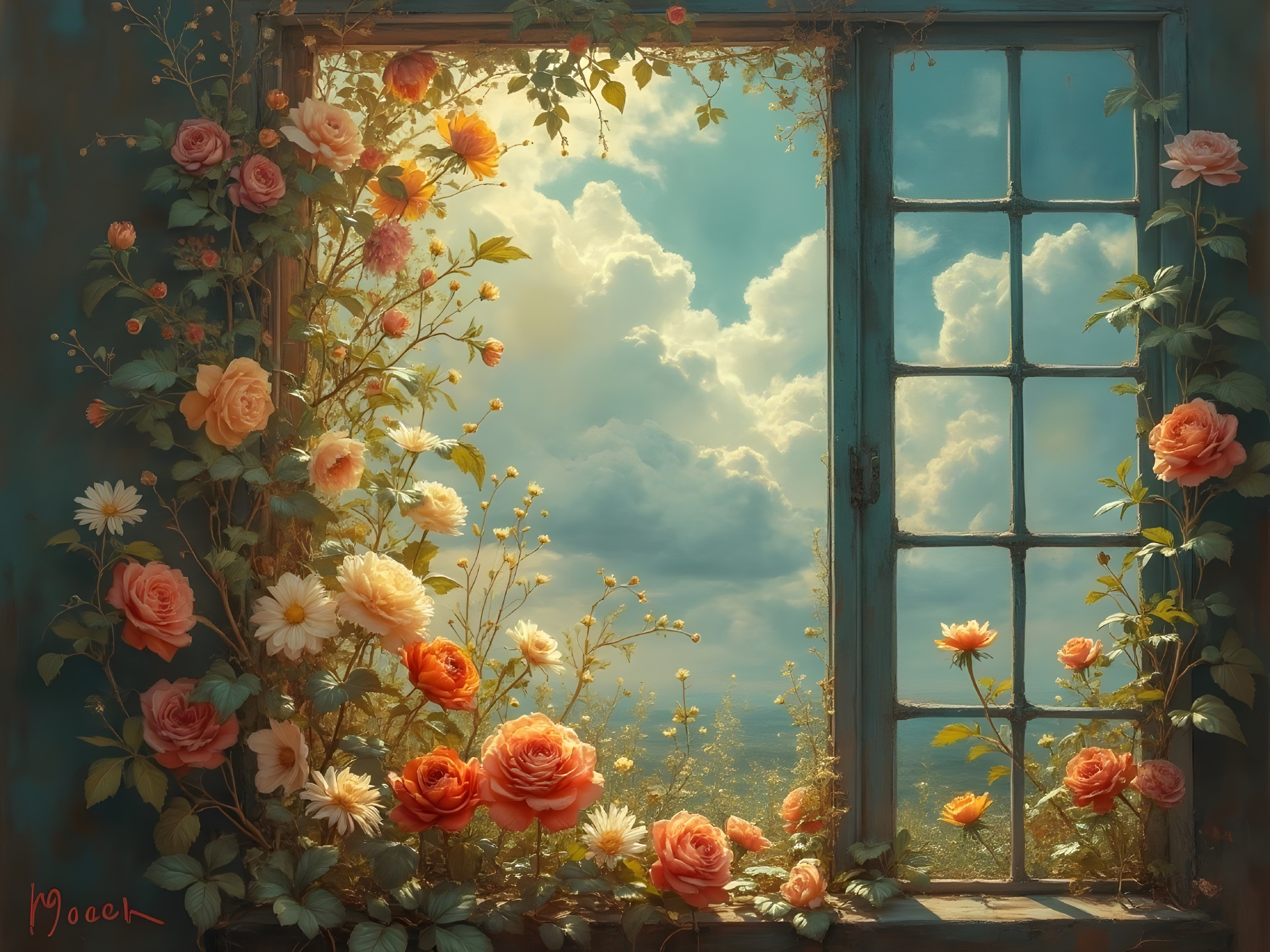 Window Framed by Roses and Daisies with Serene Sky