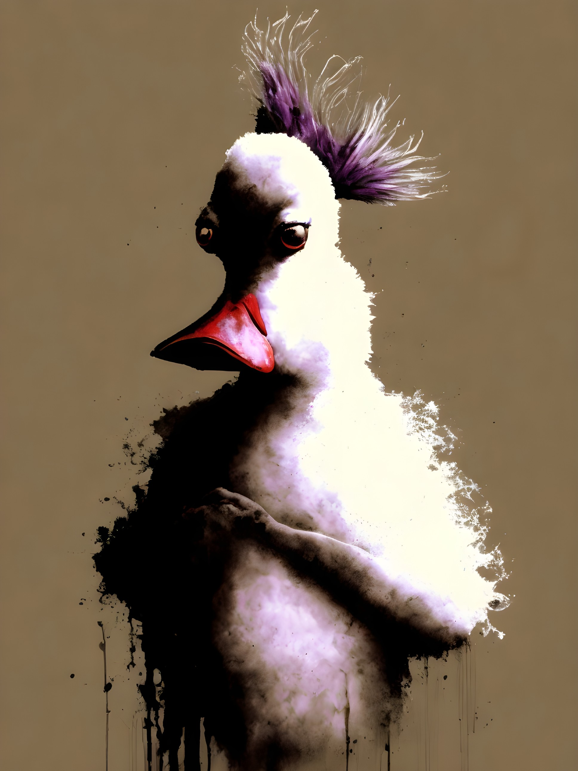 Cartoonish bird with white body and purple tuft