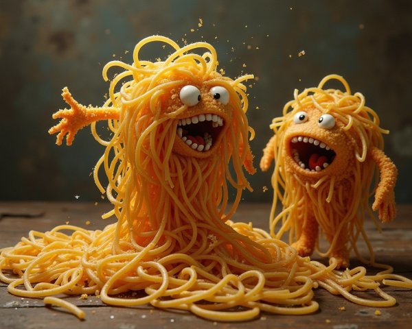Cartoonish Spaghetti Characters in Whimsical Scene