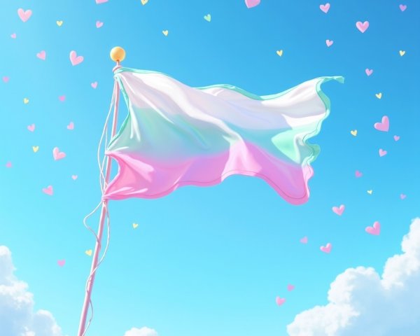Waving Flag with Stripes and Floating Hearts in Sky