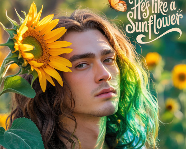 Young man in sunflower field with butterfly nearby