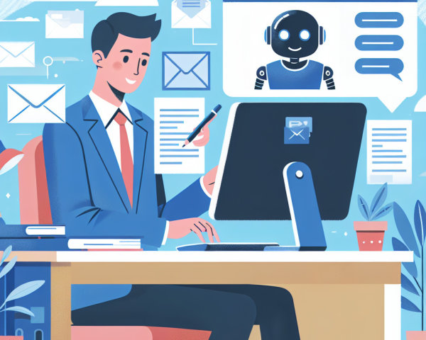 Professional man in suit using chatbot at modern desk